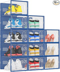 eWonLife Large Shoe Organizer Storage Box with Magnetic Door,12 Pack Clear Plastic Stackable Sneaker Containers for Closet, Connect Left and Right Shoe Box for Entryway, Drop Front, Under Bed (Blue)