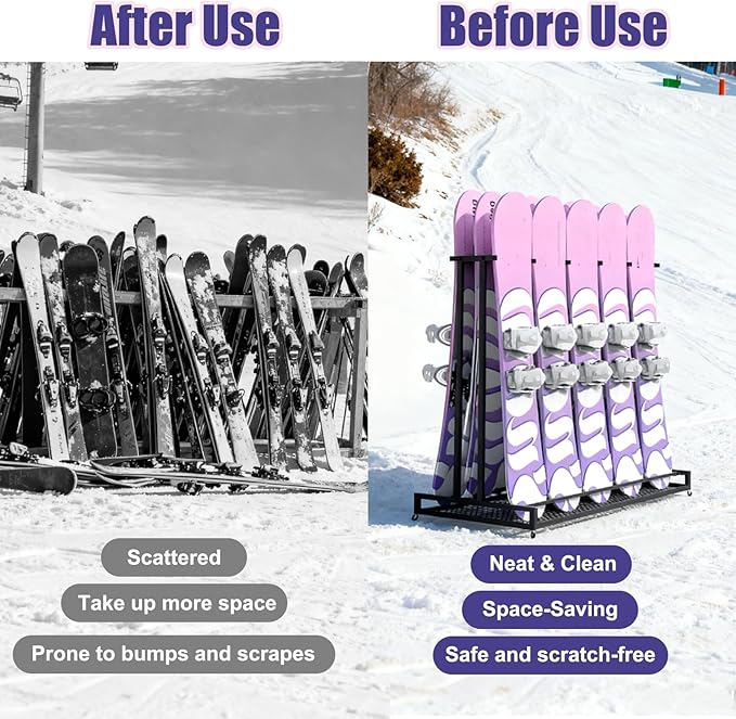 1 2 3 4 5 6 8 9 10 Pair Ski Storage Rack for Organize, Indoor Ski Board Stand for Garage/Basement/Shed, Floor Standing Longboard Carrier Wheels(Holds 10 pcs(5 Pair))