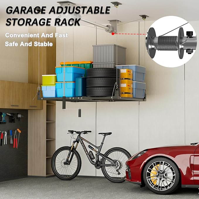 Garage Ceiling Storage Racks,4x4 FT Garage Storage Lift with Secure Lock,Heavyweight Overhead Rack for Easy Up Down,Industrial Elevator System Holds 400 Lbs