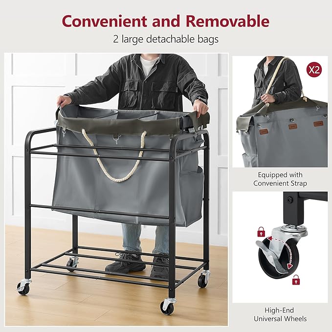 Tajsoon 350L Extra Large Laundry Cart 6 Section, Heavy Duty Laundry Sorter with Lockable Wheels, Laundry Basket with Sturdy Metal Frame, Leather Patchwork Laundry Separated with Removable Bags, Grey