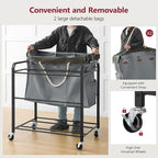 Tajsoon 350L Extra Large Laundry Cart 6 Section, Heavy Duty Laundry Sorter with Lockable Wheels, Laundry Basket with Sturdy Metal Frame, Leather Patchwork Laundry Separated with Removable Bags, Grey