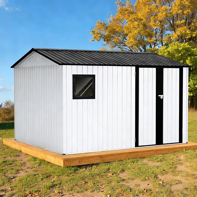 10' x 8' XL Outdoor Storage Shed, Sturdy Metal Building w/Floor and Operable Window for Garden, Backyard, Poolside and Lawn, White