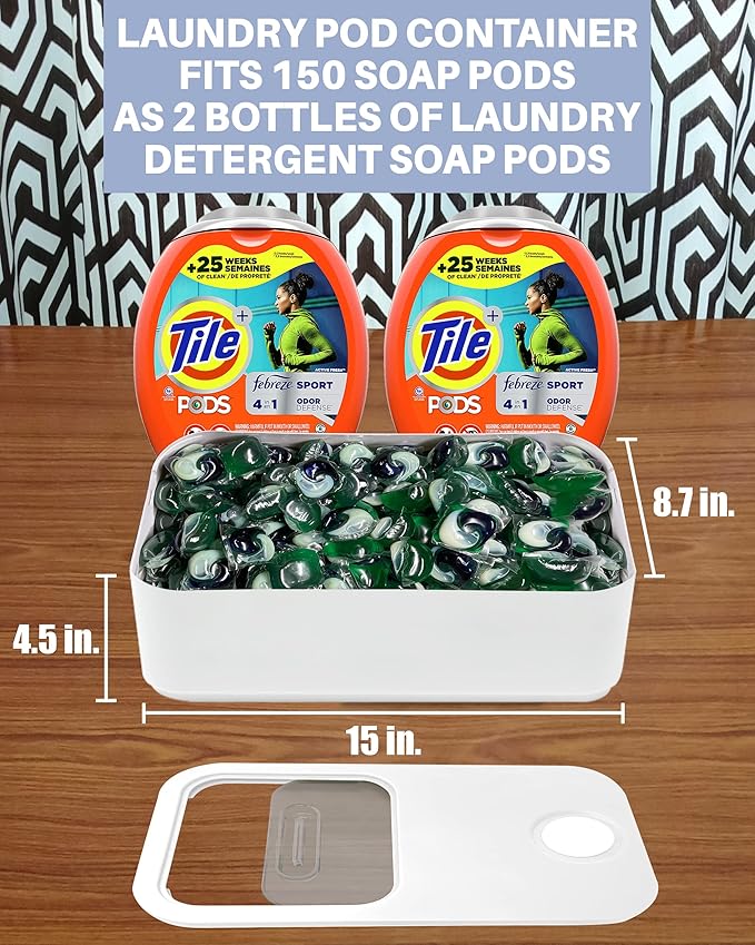 TidyFriend Laundry Pods Container with Slide Lid, 15" x 8.7" x 4.5", Airtight Storage Keeps Pods Fresh, Holds 9–10 lbs or 100–130 Pods, Laundry Detergent Container & Dishwasher Pod Holder (White)