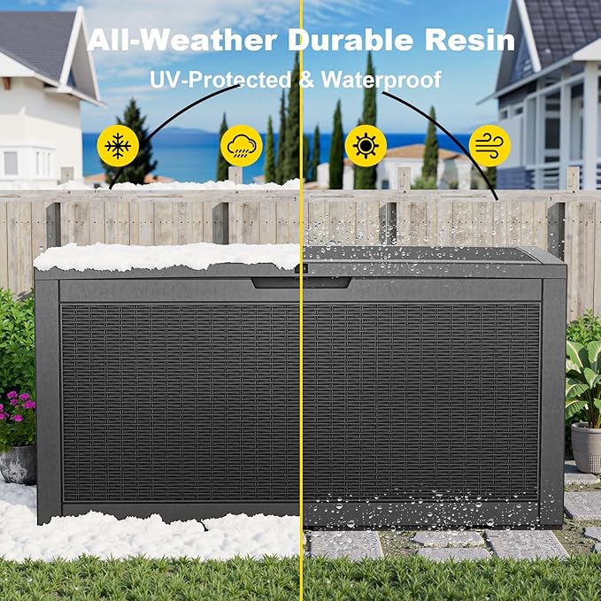 EasyUp 120 Gallon Deck Boxes Waterproof, Outdoor Large Storage Boxes with Lids, Outside Resin Storage Box & Deck Boxes for Patio, Garden Use(Black)