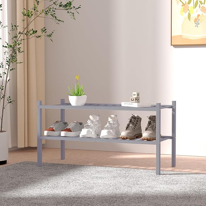 2 Tier Bamboo Shoe Rack for Closet Free Standing Wood Shoe Shelf for Entryway Small Space Stackable 27"x11"x13" (Grey)