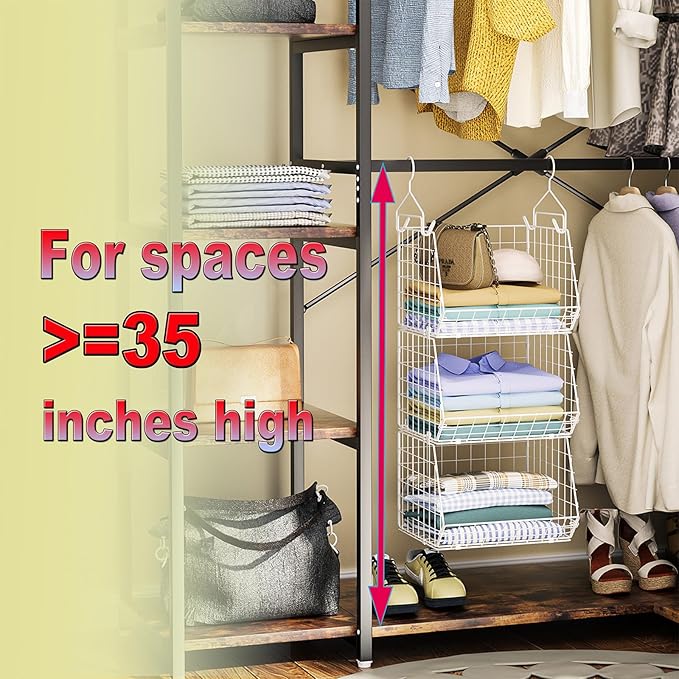 X-cosrack 3 Tier Foldable Closet Organizer, Clothes Shelves with 5 S Hooks, Wall Mount&Cabinet Wire Storage Basket Bins, for Clothing Sweaters Shoes Handbags Clutches Accessories-White Patent Design