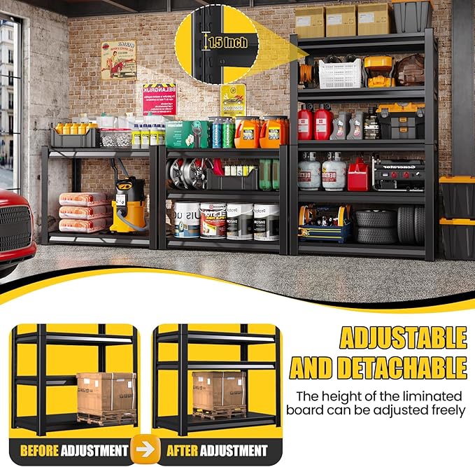 5-Tier Garage Shelving Heavy Duty, 2500LBS Garage Shelves, Adjustable Metal Shelving Unit, Garage Storage Shelves, Utility Storage Rack Shelf，Shelves for Garage Storage, 72" H×35.4" W×15.7" D