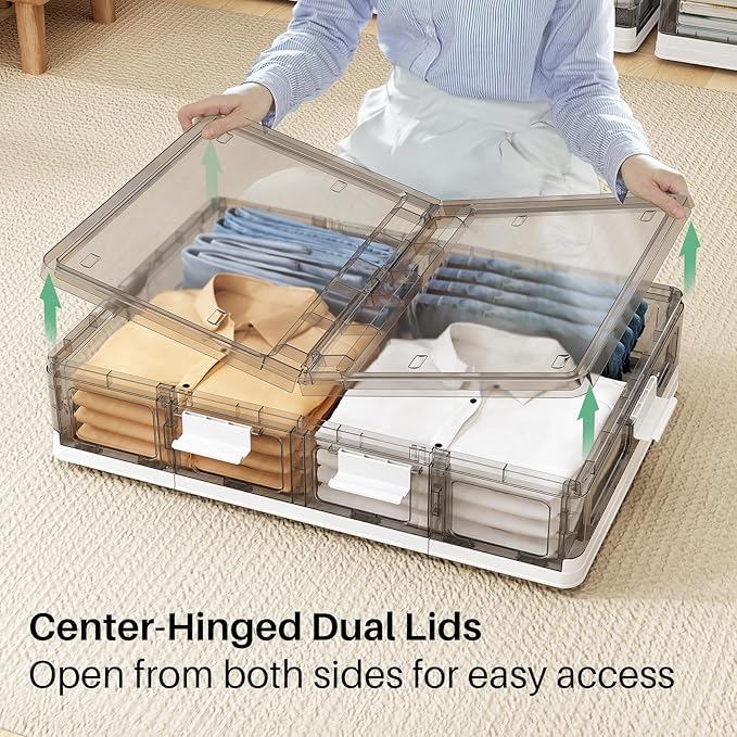 Kitstorack 2 Pack Plastic Under Bed Storage Bins with Lids and 8 Pre-installed Wheels,Rolling Low Rrofile Under bed Containers Box for Clothes Shoes, 37.8 Qt, Long, Clear, Flat, Large