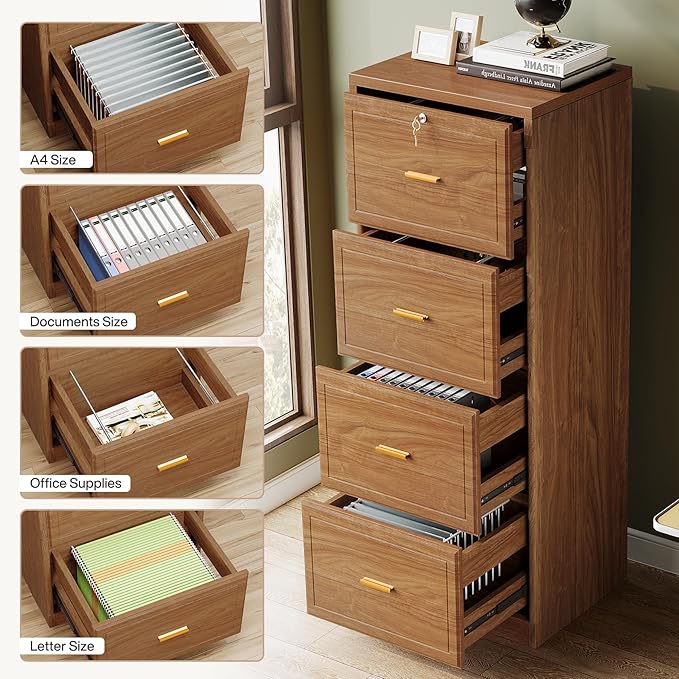 Tribesigns 4-Drawer File Cabinet with Lock, Locked File Cabinet with Key, Tall Wooden Filing Cabinets for Home Office, Vertical Office Storage for Legal Size/Letter/A4/Files, Brown