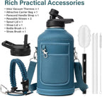 Insulated Water Bottle | Thickened Stainless Steel Vacuum Metal | Portable Sports Half Gallon Large Water Jug for Gym and Hiking with Straw, Carrier Bag, Handle Strap | BPA-Free 64 oz