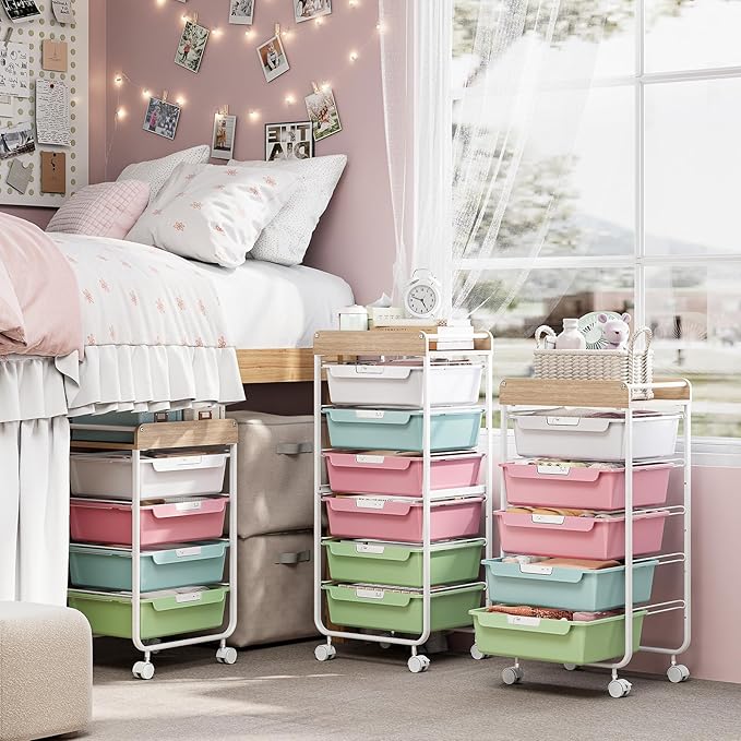 Rolling Craft Storage Cart with 4 Drawers,Utility Cart with Drawers,Art Craft Organizers and Storage,Kids Craft Cart,Kids Art Cart With DIY Lable and Wooden Tabletop Area,Colorful