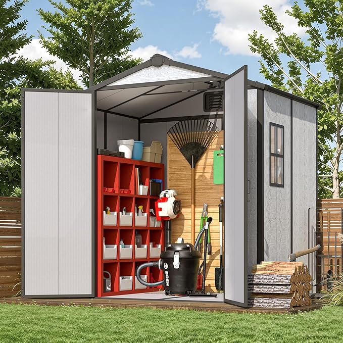 MELLCOM 6x4 FT Resin Garden Storage Shed with Windows and Lockable Door, Outdoor Storage Tool Shed with Floor, Resin Outdoor Shed for Bike, Garbage Can, Lawnmower