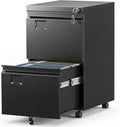 2 Drawer File Cabinet with Lock, Heavy-Duty Metal Rolling Filing Cabinet for Home Office, Under Desk Printer Stand with 5 Wheels, Required Assembly with Video Guide, Fits Letter/Legal Size, Black