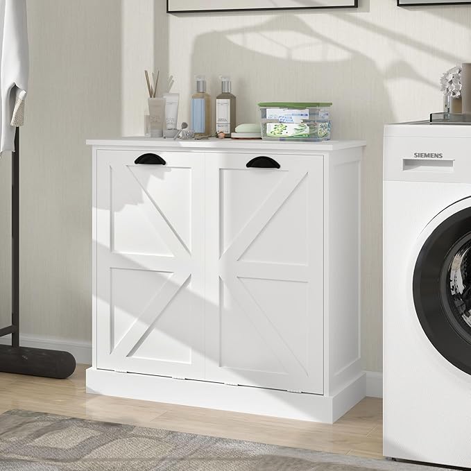 Two-Compartment Tilt-Out Laundry Sorter Cabinet,Bathroom Storage Organize Cabinet with 2 Removable Hamper Clothes Basket (White-A)