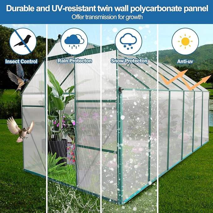 6X10FT Greenhouse for Outdoor, Polycarbonate Greenhouse with Raised Base and Anchor, Heavy-Duty Walk-in Green House with Adjustable Roof Vent and Gutter System for Patio,Backyard (Green, 6x12 FT)