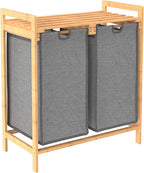 ClosetMaid Bamboo Laundry Hamper and Shelf, 2 Sliding Bag Sections, Laundry Sorter with Dual Compartments, Gray Bags, Natural Finish