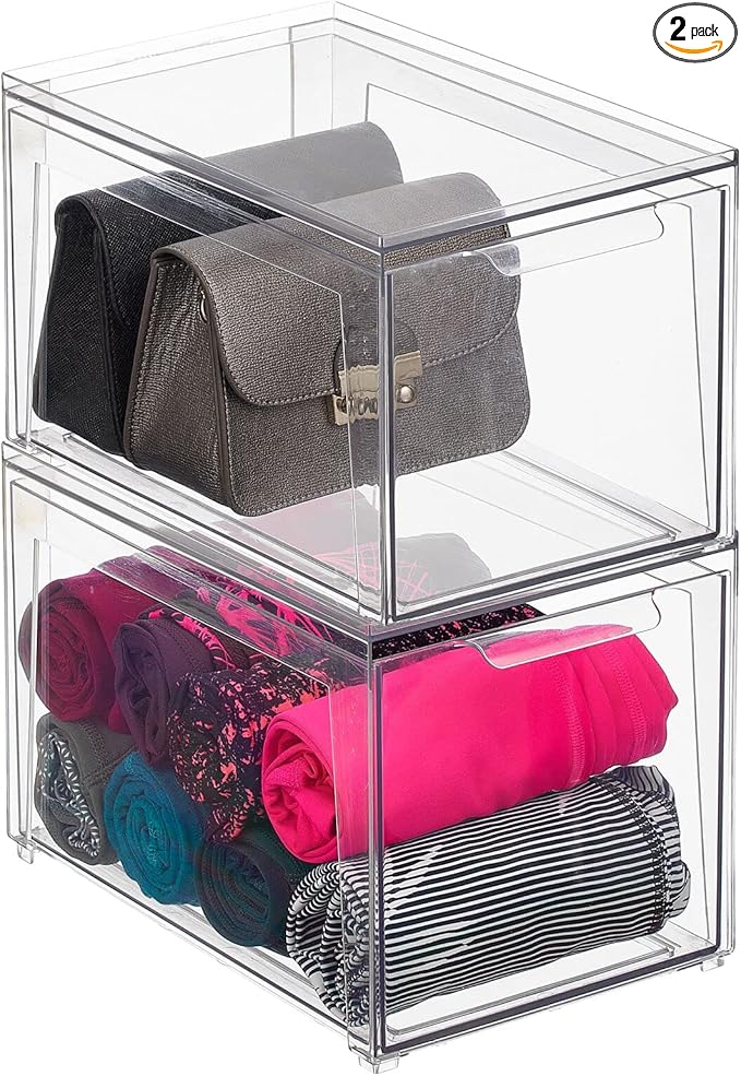 mDesign Plastic Stackable Closet Storage Organizer Bins with Pull Out Drawer for Cabinet, Desk, Shelf, Cupboard, or Dresser Organization - Lumiere Collection - 2 Pack - Clear