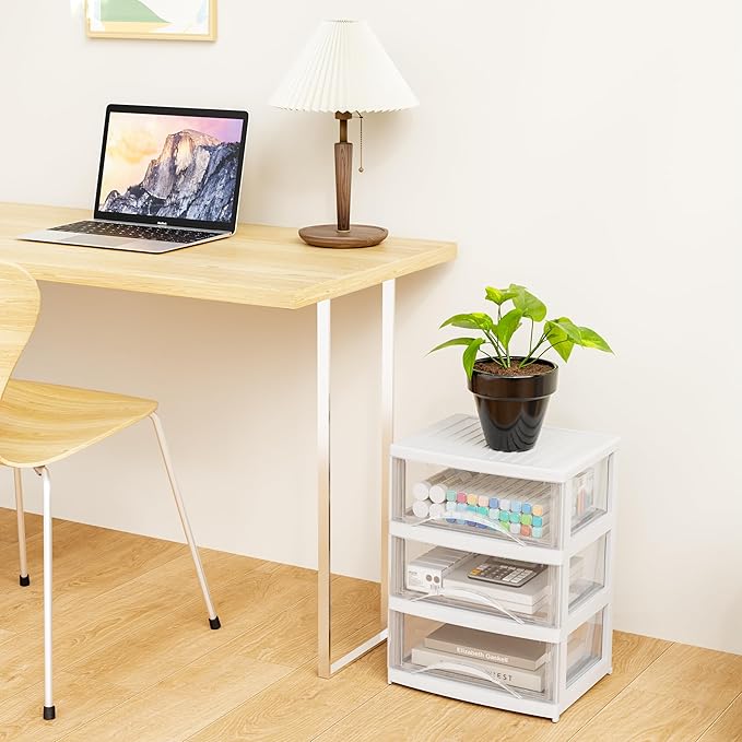 BYCY 3 Drawer White Plastic Storage Organizer Rolling Cart with Wheels Casters,Assemble Organizer Cart Storage Bin Paper Organizer for Office Art Craft Supplies Dresser Classroom and Home,Wide