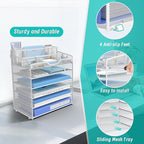 6 Tier Mesh Desk Organizer,Multi Functional Letter Paper Tray with 3 Pen Holders and 5 Adjustable Storage Compartments for Office Supplies Files and Mail Space Saving Desktop Organizer-White