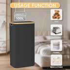100L Laundry Hamper with Lid,Collapsible Laundry Basket, Dirty Clothes Basket, Storage Case with Bamboo Support - Handles - Removable Inner Bag - 2x Washing Mesh Bags for Bedroom Dorm Bathroom (Black)