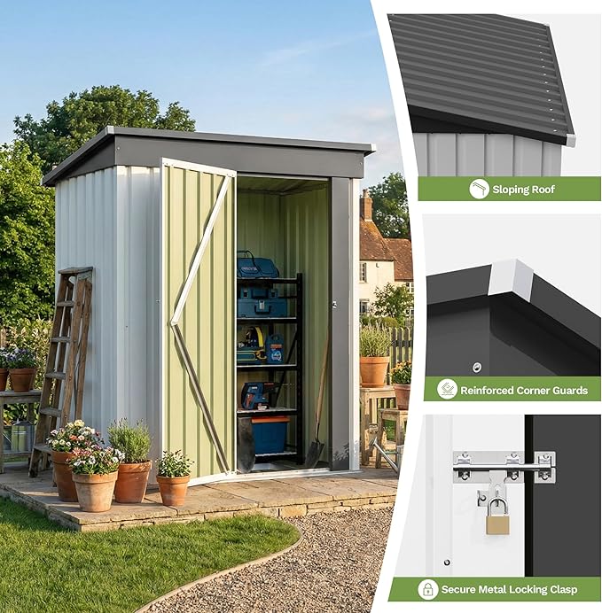 Devoko 5 x 3 FT Metal Storage Shed with Floor Frame Waterproof Garden Tool Shed with Lockable Door, Outdoor Shed Storage House for Backyard Patio Lawn, White