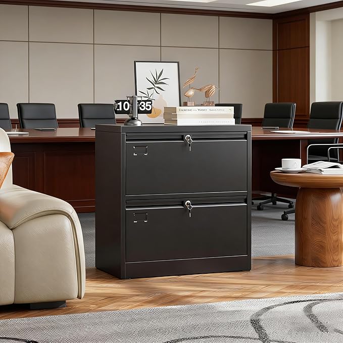 SUXXAN Metal 2 Drawer Lateral File Cabinet with Lock - Wide Filing Cabinet for Letter/Legal/F4/A4 Hanging Files - Includes Business Card Holder, Home Office School Storage,Black