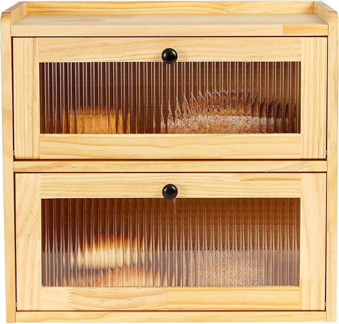 Sunhoo Bread Box for Kitchen Countertop Wooden Bread Storage Container Bin 2 Layer Breadbox Holder Large Capacity Keeper Vintage Farmhouse Food Organizer Pantry Shelf Acrylic Window（Wood color）