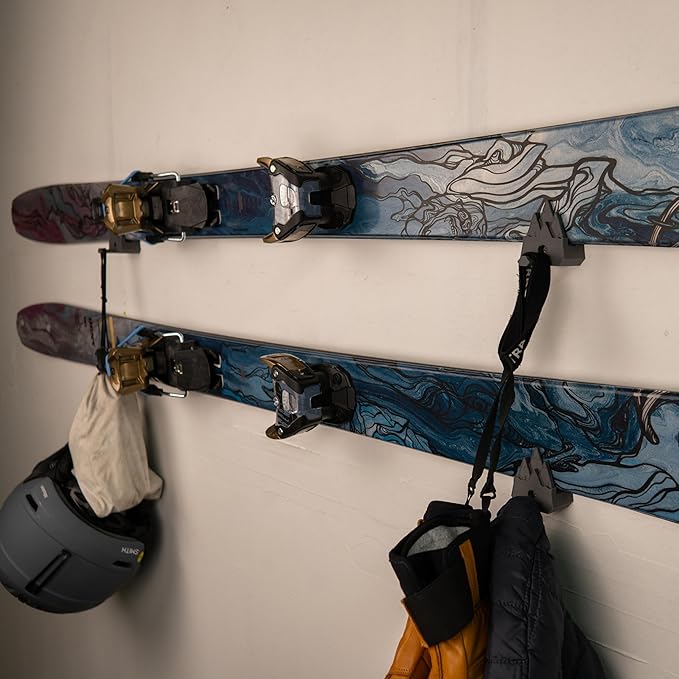 Horizontal Wall Ski Holder – Space-Saving Ski Wall Mount for Garage & Home Storage | Holds 1 Pair of Skis | Mountain, Snowflake & No Design Styles (Orange, Snowflake | Without Gear Hook)