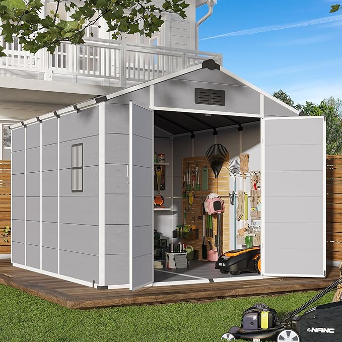 8 x 10 FT Plastic Tool Shed, All-Weather Resin Outdoor Storage Shed with Floor, Lockable Doors & Windows, Plastic Garden Shed for Poolside, Backyard, Patio