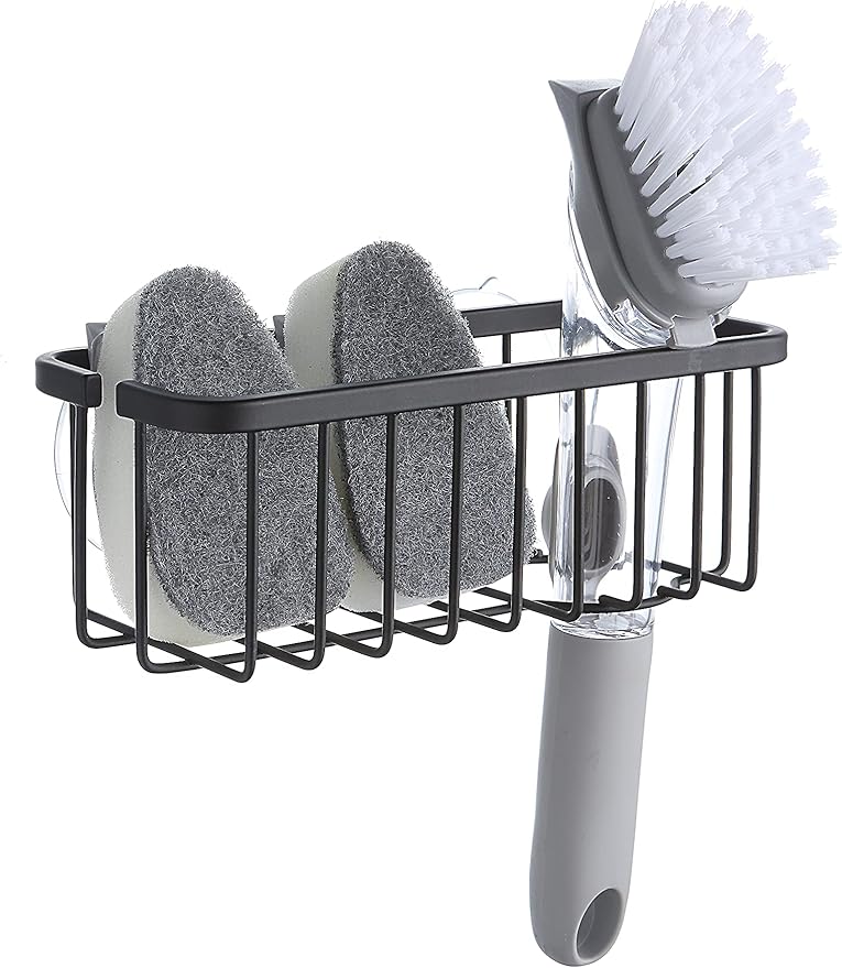 SunnyPoint NeverRust Deluxe Kitchen & Bathroom Sink Sponge Holder Organizer with Adhesive Mount - Additional Suction Cup Included – Sponge & Brush NOT Included – 7.4 x 3.3 x 2.75 Inch, BLK