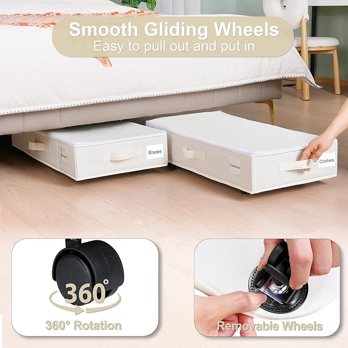 Under Bed Storage with Wheels, 2 Pack Under Bed Storage Containers with Label Holders for Clothes, Shoes and Blankets, Rolling Underbed Shoe Organizer with Cover, Beige (30.71x15.7x7.28 in)