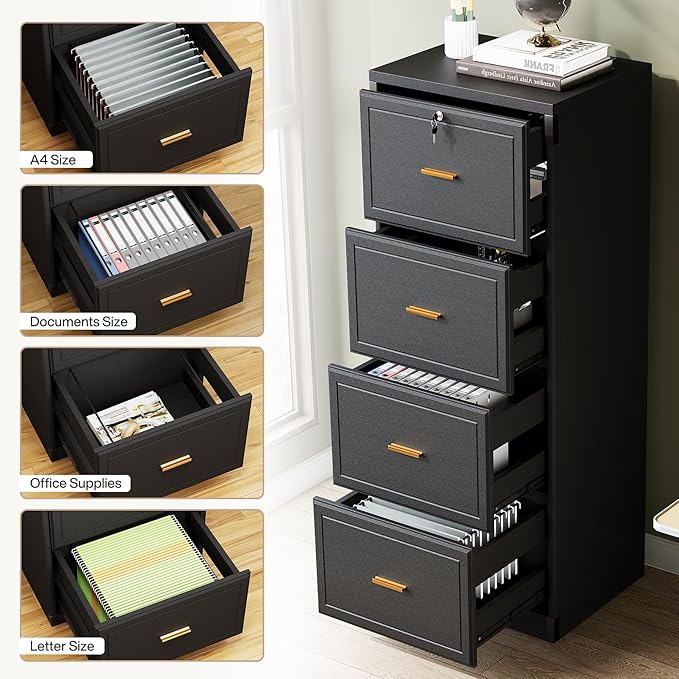 Tribesigns 4-Drawer File Cabinet with Lock, Locked File Cabinet with Key, Tall Wooden Filing Cabinets for Home Office, Vertical Office Storage for Legal Size/Letter/A4/Files, Black (2 Pieces)