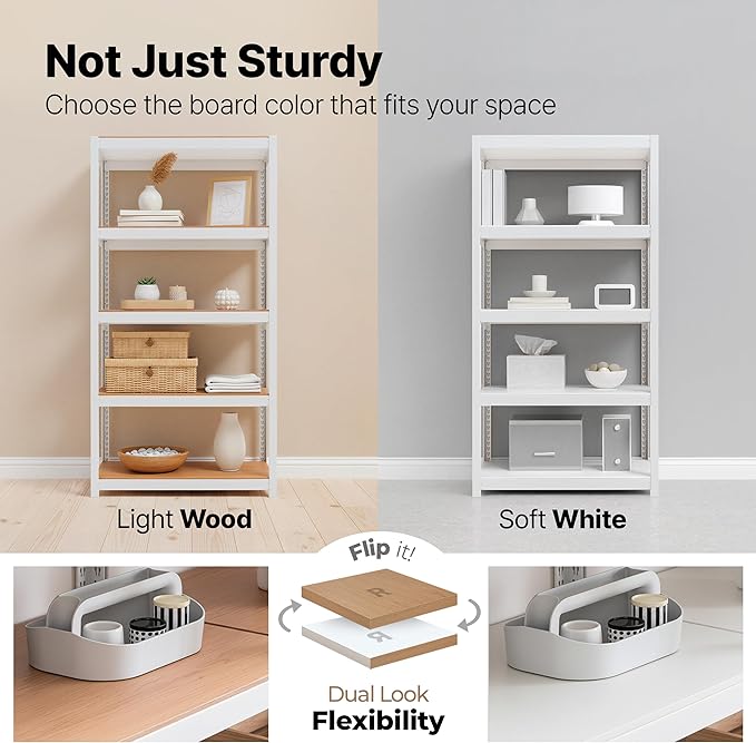 HOMEDANT House 5 Tier Heavy Duty Garage Shelving Adjustable Metal Rack Storage Shelves Standing Shelf Unit Organizers Pantry Closet Office (1, White, (Wheels) 24.4" W x 16.2" D)
