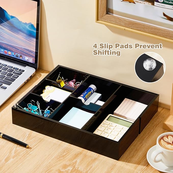 1 Pcs Acrylic Desk Drawer Organizer 9'' up to 18'' x 12'' x 2.1'' Expandable Drawer Organizer Trays with 8 Adjustable Compartments Black Desk Accessories for Makeup Office Bathroom