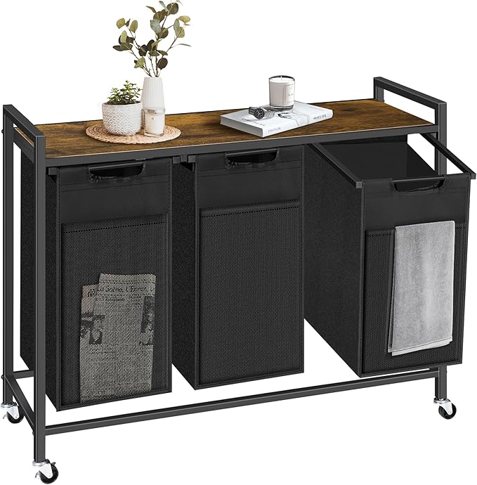 Laundry Hamper, Laundry Basket with 3 Pull-Out Removable Oxford Fabric Bags, 3 x 10.6 Gallons, Total 120L, Cloth Laundry Sorter with a Top Shelf 36.4"x13" (Black and Rust)