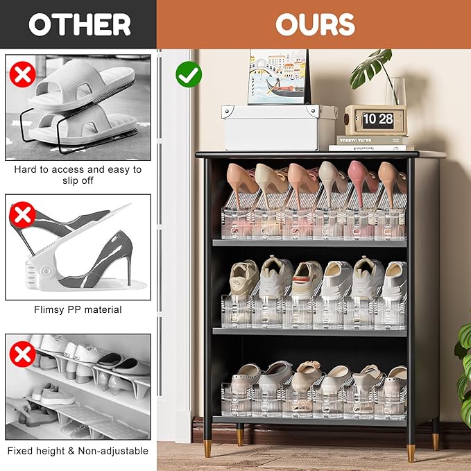 Neprock Shoe Slots Organizer for Closet,12 Pack Acrylic Shoe Stackers for A Pair of Shoes,3 Levels Adjustable Shoe Rack Storage Shoe Space Saver 50%(Clear,12 Pack)