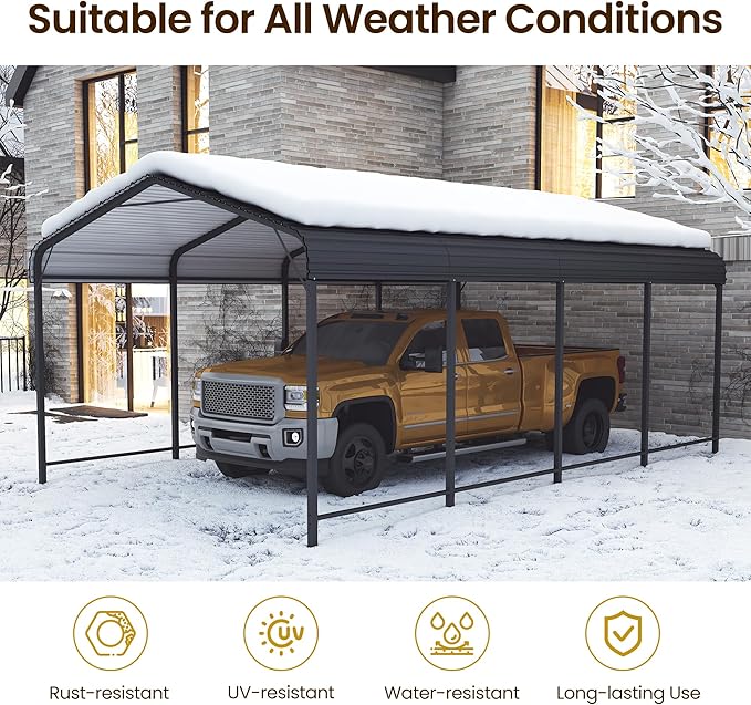 12x20FT Metal Carport, 335LBS Heavy Duty Carport Canopy with Galvanized Steel Roof, 40% Thicker Frame Metal Garage with Reinforced Base, All-Weather Outdoor Storage Car Port for Car, Camping