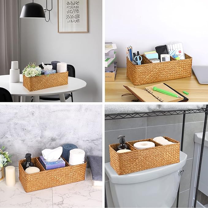 Hipiwe Seagrass Storage Basket with 3 Section, Hand-Woven Wicker Bathroom Storage Bin Tissue Toilet Paper Organizer Basket for Shelves, Kitchen, Bathroom (Caramel)