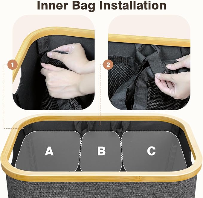 Hampers for Laundry Basket with Lid, 160L Extra Large 3 Section Clothes Divided Organizer for Bedroom, Laundry Room, Dirty Clothes Hamper, Grey