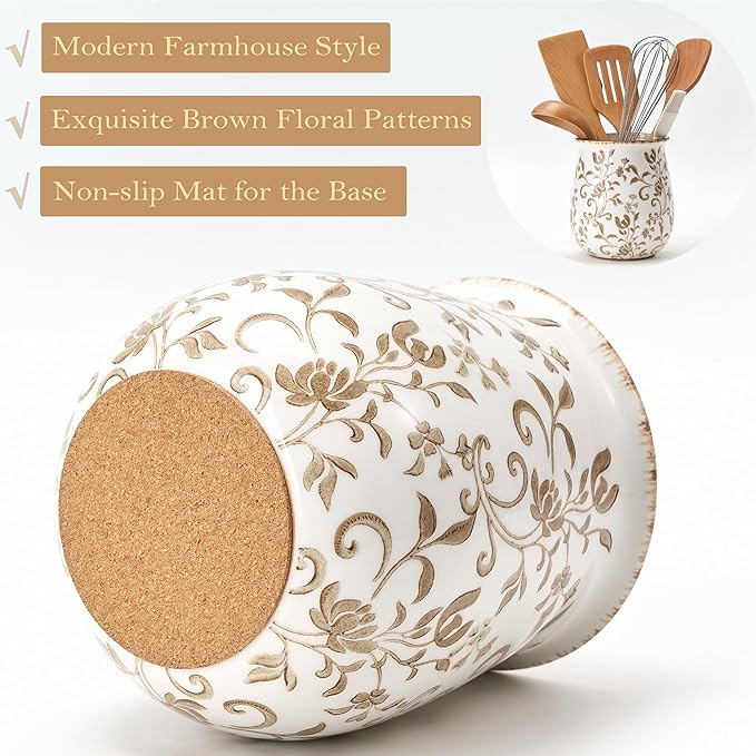 Utensil Holder for Kitchen Counter, Modern Farmhouse Cooking Utensil Holder and Crock Home Kitchen Decor, Ceramic Utensil Organizer for Spatula, Ladle, Eggbeater, Rolling Pin- Brown Flower Patterns