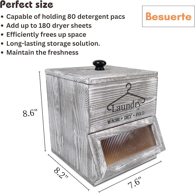 Besuerte Farmhouse Dryer Sheets Holder & Laundry Pod Container, Rustic Grey Wooden Laundry Pod Dispenser, Dryer Sheets Container Laundry Room Organizers And Storage