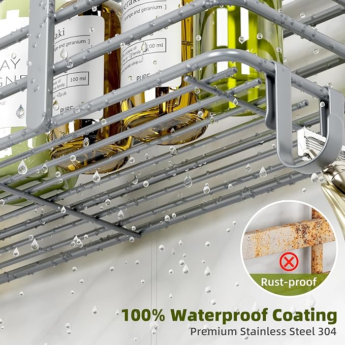 Yougai Shower Caddy, Shower Organizer with Soap Holder and Hooks, Rustproof Shower Shelves, No Drilling Bathroom Organizers and Storage, Wall-Mounted Kitchen & Home Decor, Light Grey
