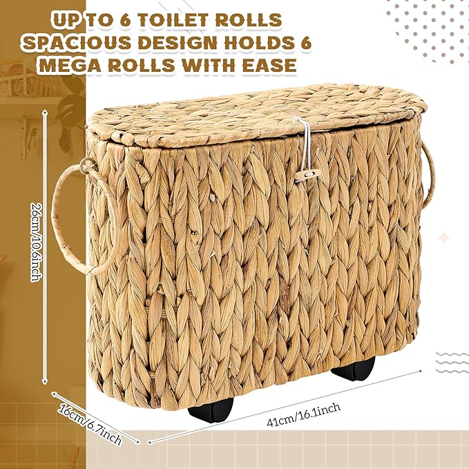 Weysat Wicker Toilet Paper Basket with Lid and Detachable Wheels Boho Slim Woven Toilet Paper Holder Holds up to 9 Mega Rolls for Home Bathroom Decor Organizer