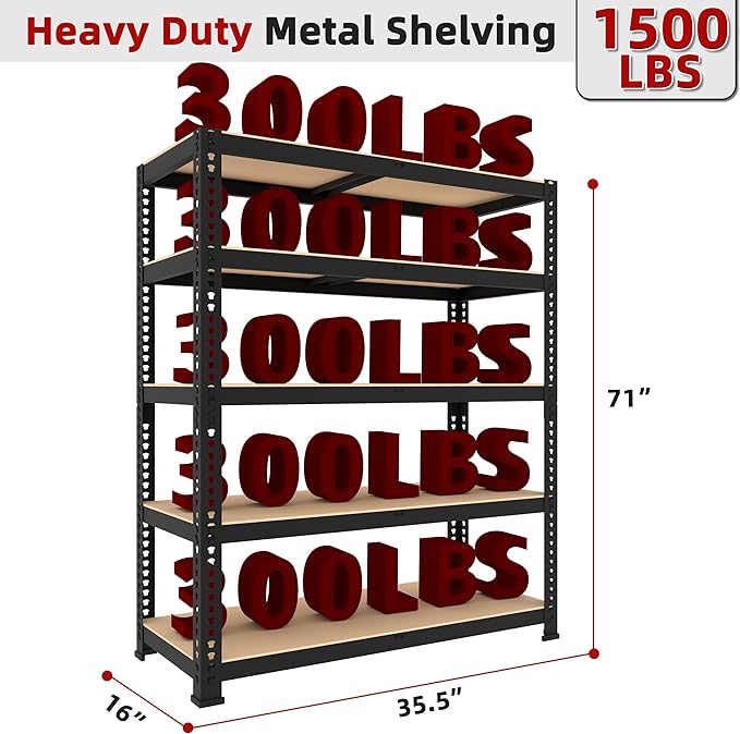 2 Packs 35.5" W x 16" D x 71" H Adjustable Garage Storage Shelves - 5-Shelf Heavy Duty Shelving Unit, Metal Utility Storage Organizer Racks for Warehouse Pantry Closet Kitchen, Black