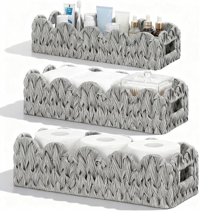 3Pack Toilet Paper Basket for Organizing Scalloped Edge Wicker Basket with Handles Toilet Tank Paper Holder Storage for Bathroom Bedroom Countertop Shelf Decor(Gray,Plastic)