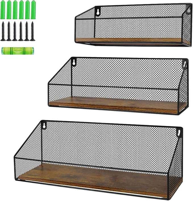 Schliersee Floating Shelves Wall Mounted Mesh Storage Shelf Set for Bathroom, Bedroom, Kitchen, Living Room, Office, 3 Packs