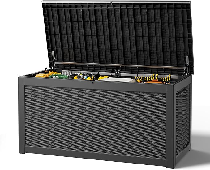 Outdoor Storage Box, Resin Deck Boxes Indoor and outdoor, Waterproof Storage Box Lockable Lid (Black,320 Gallon)