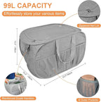 Collapsible Laundry Baskets with Lid, Foldable Laundry Basket with Pockets, Pop Up Laundry Hamper with Dual Handles, 99L Sturdy Hampers for Clothes, Groceries, Supplies, Tools, Grey