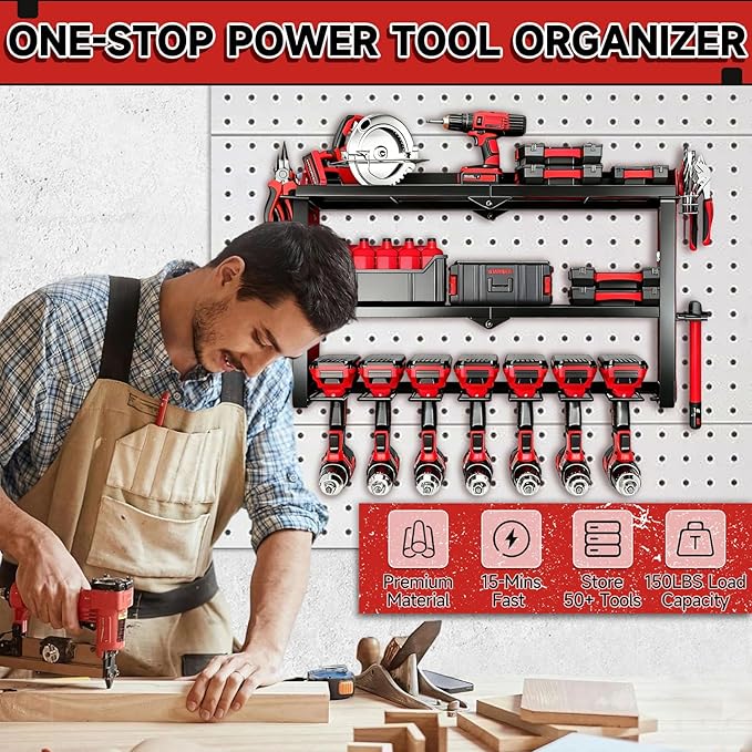 Power Tool Organizer Wall Mount, 150Lbs 3 Layer Metal Tool Storage Rack with 7 Cordless Drill Holder Heavy Duty, Battery Drills Storage Tool Organizer for Workshop,Garage,Tool Room,Pegboard