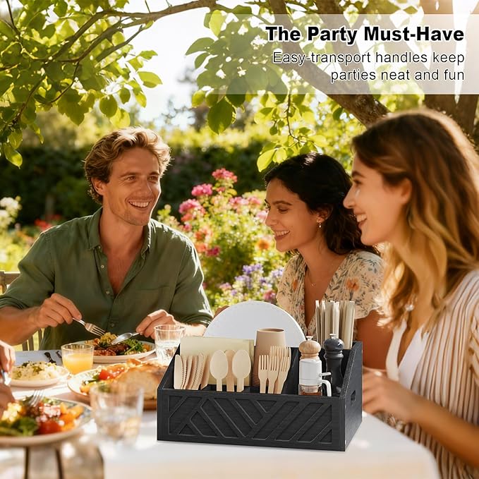Paper Plate Dispenser for Party, Wood Outdoor Utensil Caddy for Parties, Paper Plate Holders Organizer for Countertop, Black Silverware Holder for Buffet Cutlery, Plates,Flatware, Utensils and Napkins